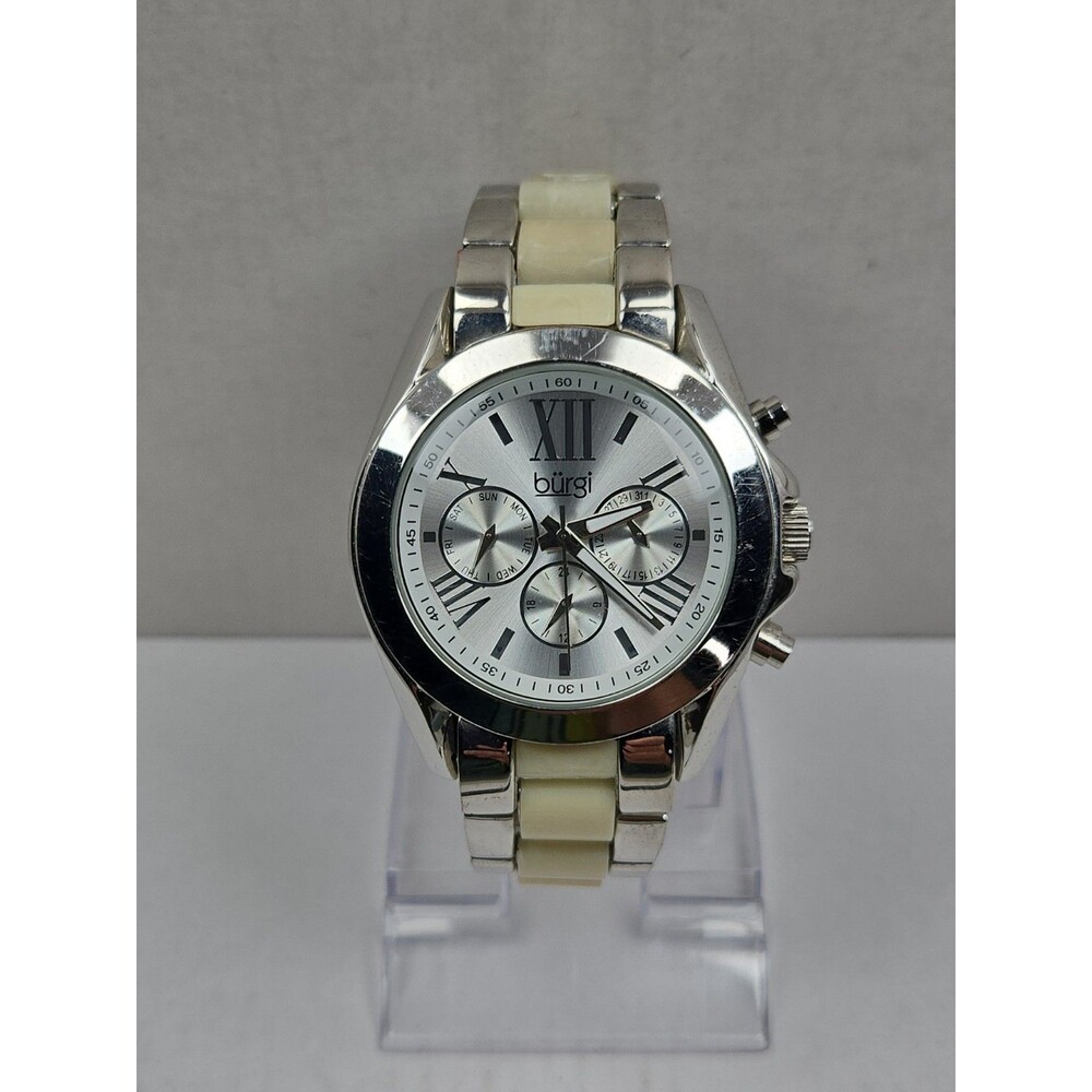 Burgi Womens 45mm Silver Beige Horn Resin Day Date Bracelet Watch New Battery